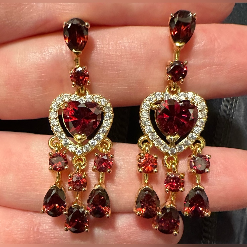 Dark red garnet cubic zirconia heart chandelier earrings